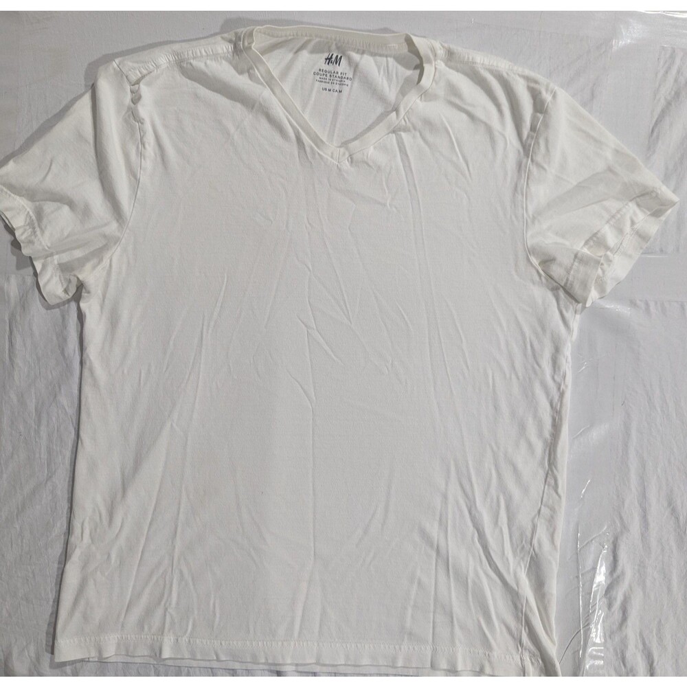 H&M Men's T-Shirt M White V-Neck Regular Fit Short Sleeve 175/100A